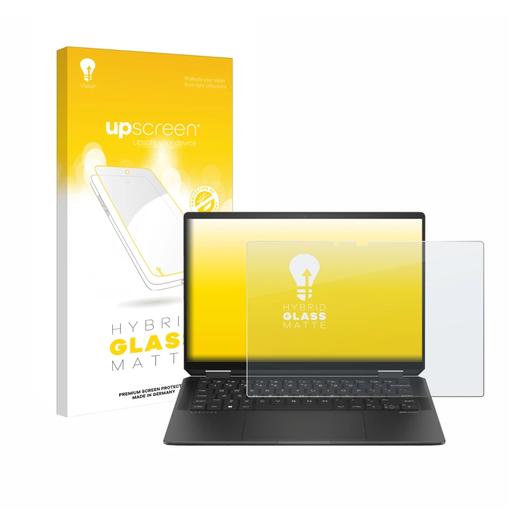 Vorderseite einer Produktverpackung mit dem Markenlogo upscreen. Daneben ist das Gerät HP Spectre x360 (14-e) 2024 mit dem zug