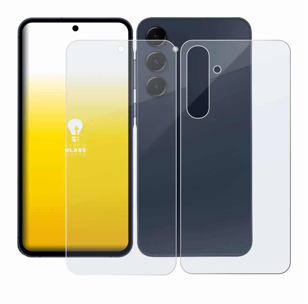 Abbildung des Geräts Samsung Galaxy A55 5G (Display+Rückseite) mit einer Vielzahl des Displayschutzes.