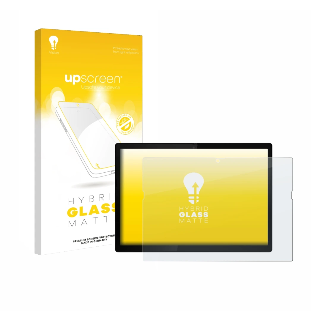 Vorderseite einer Produktverpackung mit dem Markenlogo upscreen. Daneben ist das Gerät Lenovo ThinkPad X12 Detachable Gen 2 mi