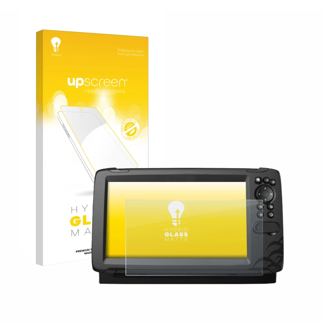 Vorderseite einer Produktverpackung mit dem Markenlogo upscreen. Daneben ist das Gerät Lowrance HOOK Reveal 9 mit dem zugehöri