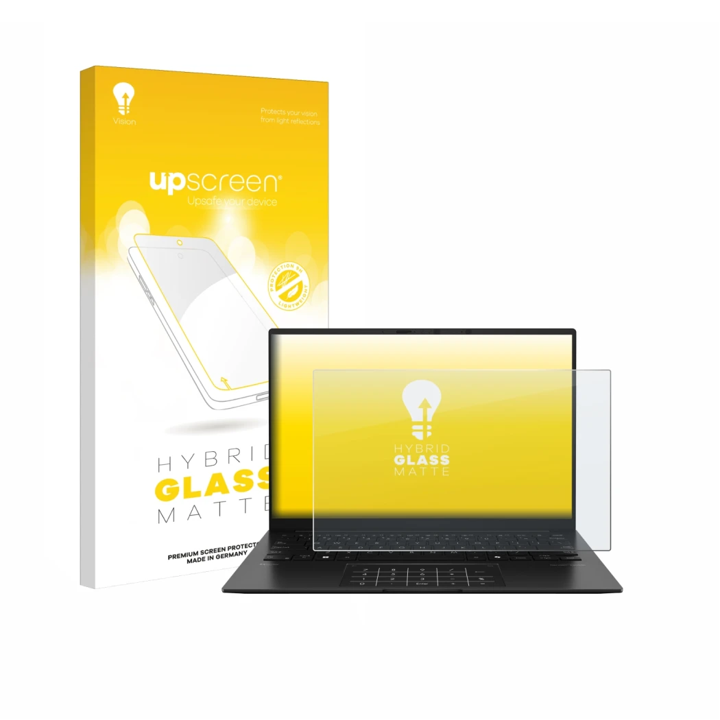 Vorderseite einer Produktverpackung mit dem Markenlogo upscreen. Daneben ist das Gerät ASUS ZenBook 14 OLED UM3406 mit dem zug