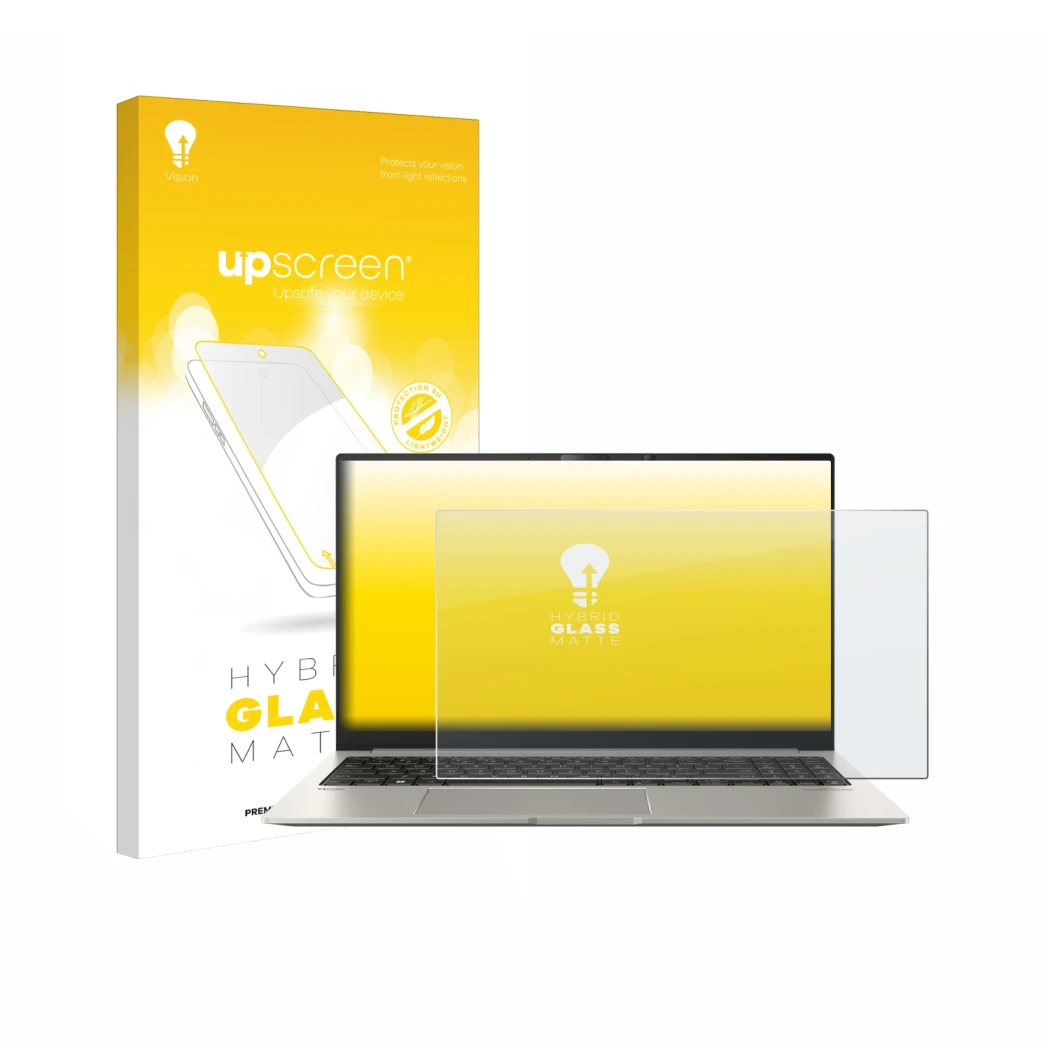 Vorderseite einer Produktverpackung mit dem Markenlogo upscreen. Daneben ist das Gerät ASUS ZenBook 15 OLED UM3504 mit dem zug