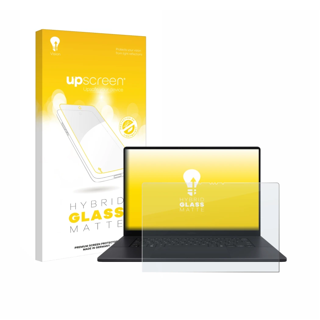 Vorderseite einer Produktverpackung mit dem Markenlogo upscreen. Daneben ist das Gerät ASUS ProArt P16 mit dem zugehörigen Dis