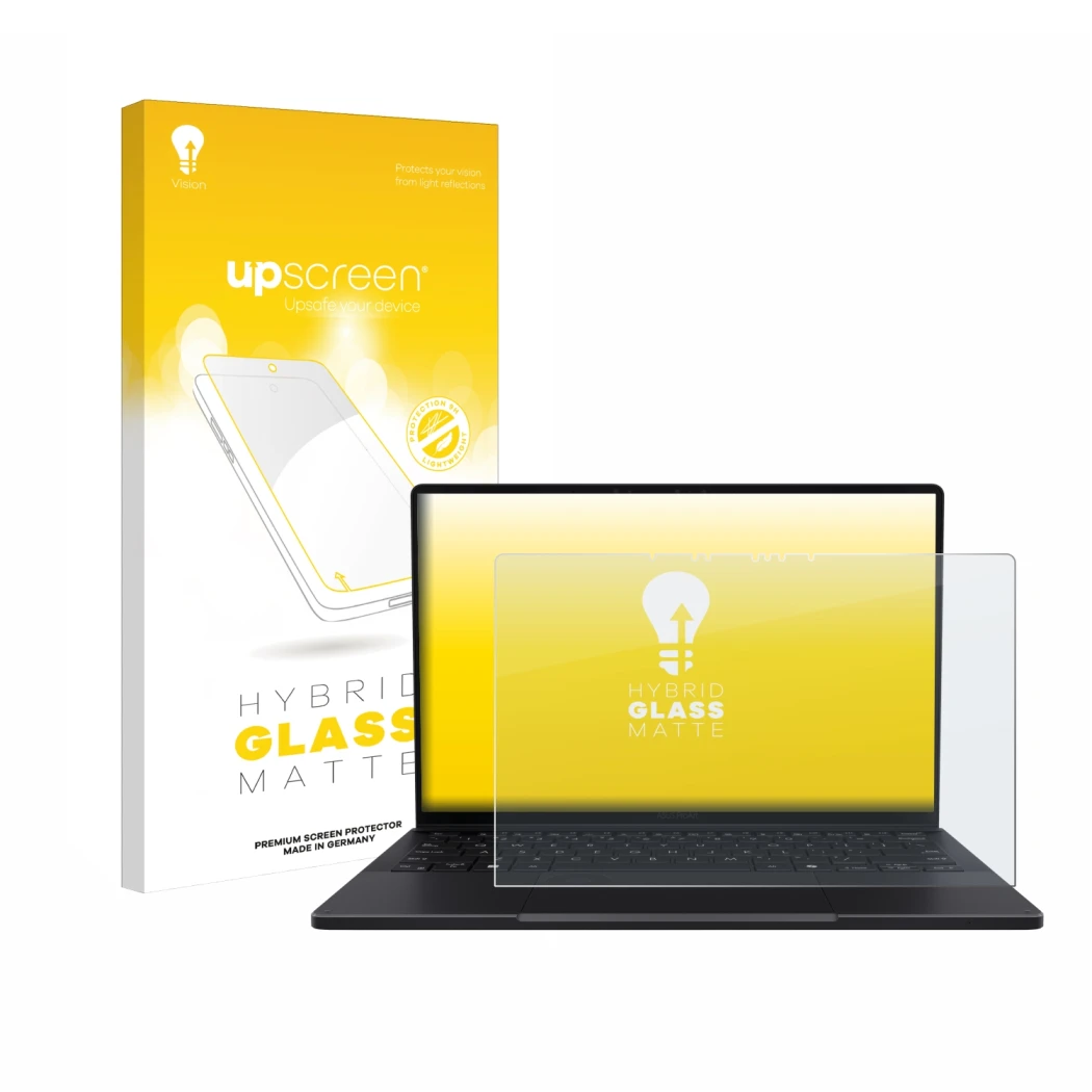 Vorderseite einer Produktverpackung mit dem Markenlogo upscreen. Daneben ist das Gerät ASUS ProArt PX13 mit dem zugehörigen Di