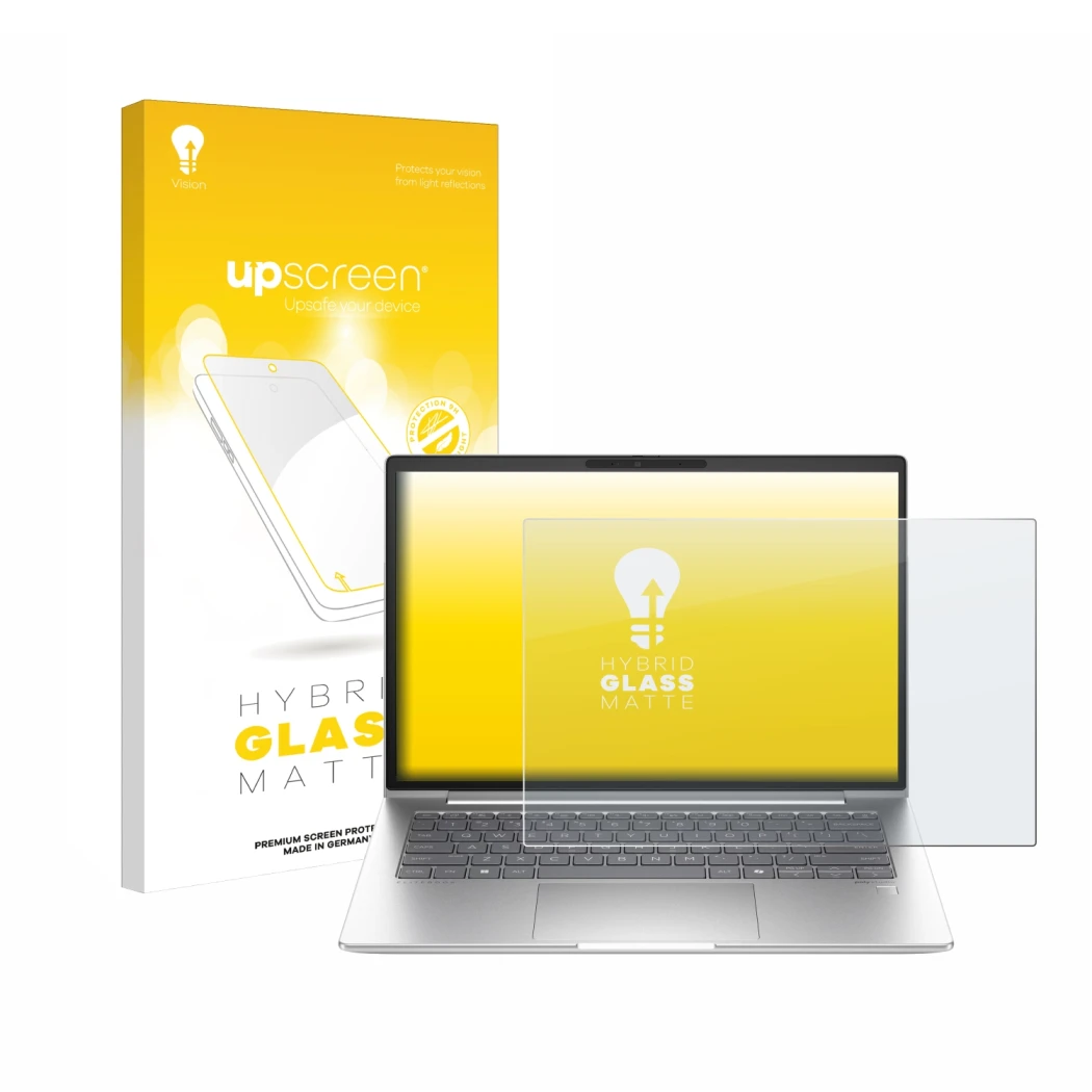 Vorderseite einer Produktverpackung mit dem Markenlogo upscreen. Daneben ist das Gerät HP EliteBook 640 G11 mit dem zugehörige