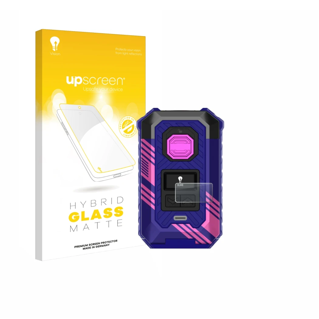 Vorderseite einer Produktverpackung mit dem Markenlogo upscreen. Daneben ist das Gerät Vaporesso Armour Max mit dem zugehörige