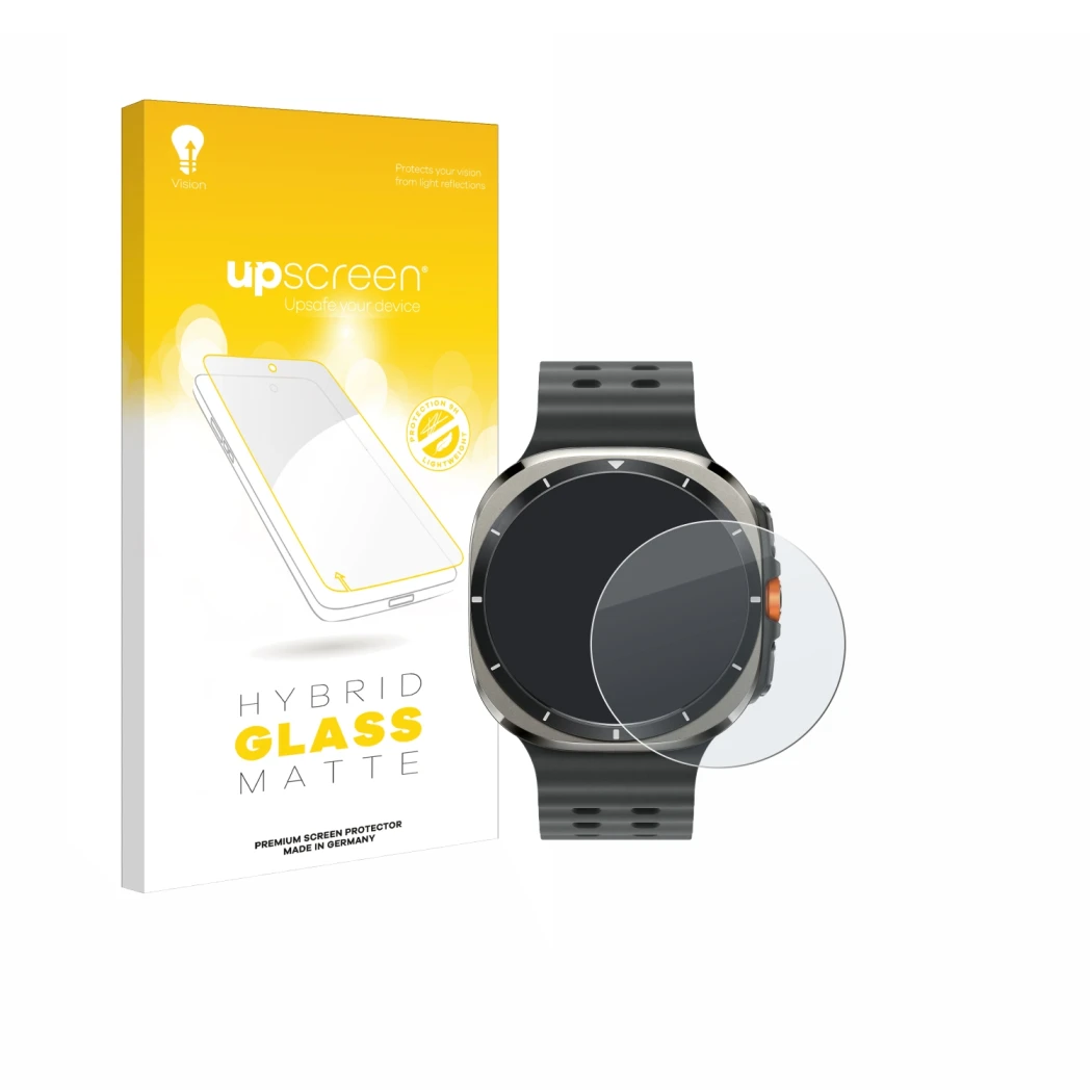 Vorderseite einer Produktverpackung mit dem Markenlogo upscreen. Daneben ist das Gerät Samsung Galaxy Watch Ultra (47 mm) mit 