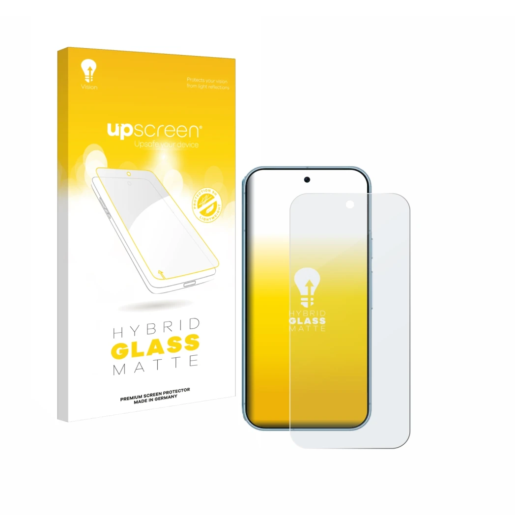 Vorderseite einer Produktverpackung mit dem Markenlogo upscreen. Daneben ist das Gerät Google Pixel 9 Pro mit dem zugehörigen 