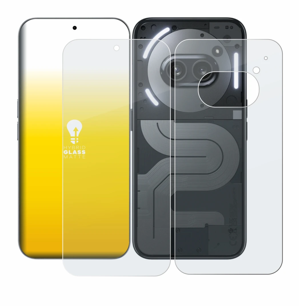 Abbildung des Geräts Nothing Phone (2a) Plus (Display+Rückseite) mit einer Vielzahl des Displayschutzes.