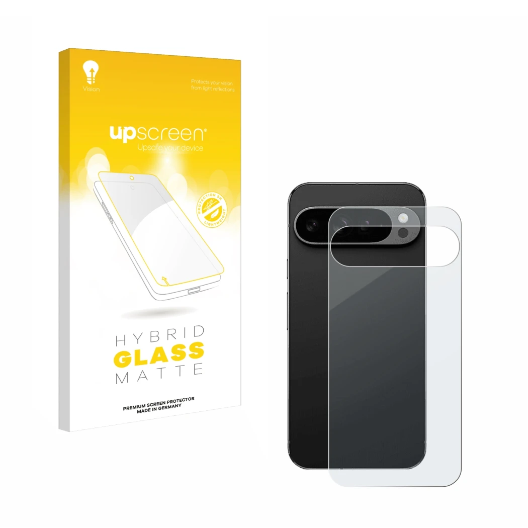 Vorderseite einer Produktverpackung mit dem Markenlogo upscreen. Daneben ist das Gerät Google Pixel 9 Pro XL (Rückseite) mit d