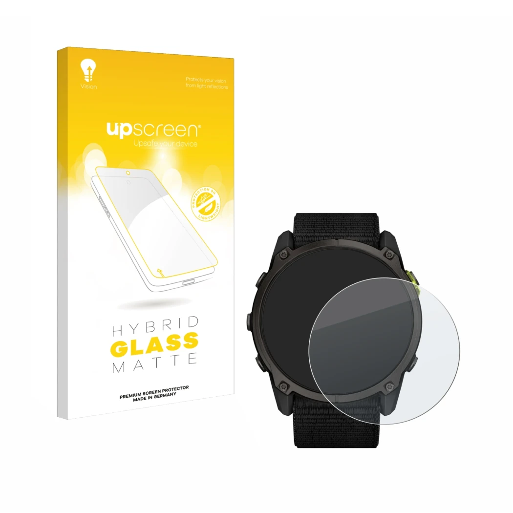 Vorderseite einer Produktverpackung mit dem Markenlogo upscreen. Daneben ist das Gerät Garmin Enduro 3 mit dem zugehörigen Dis