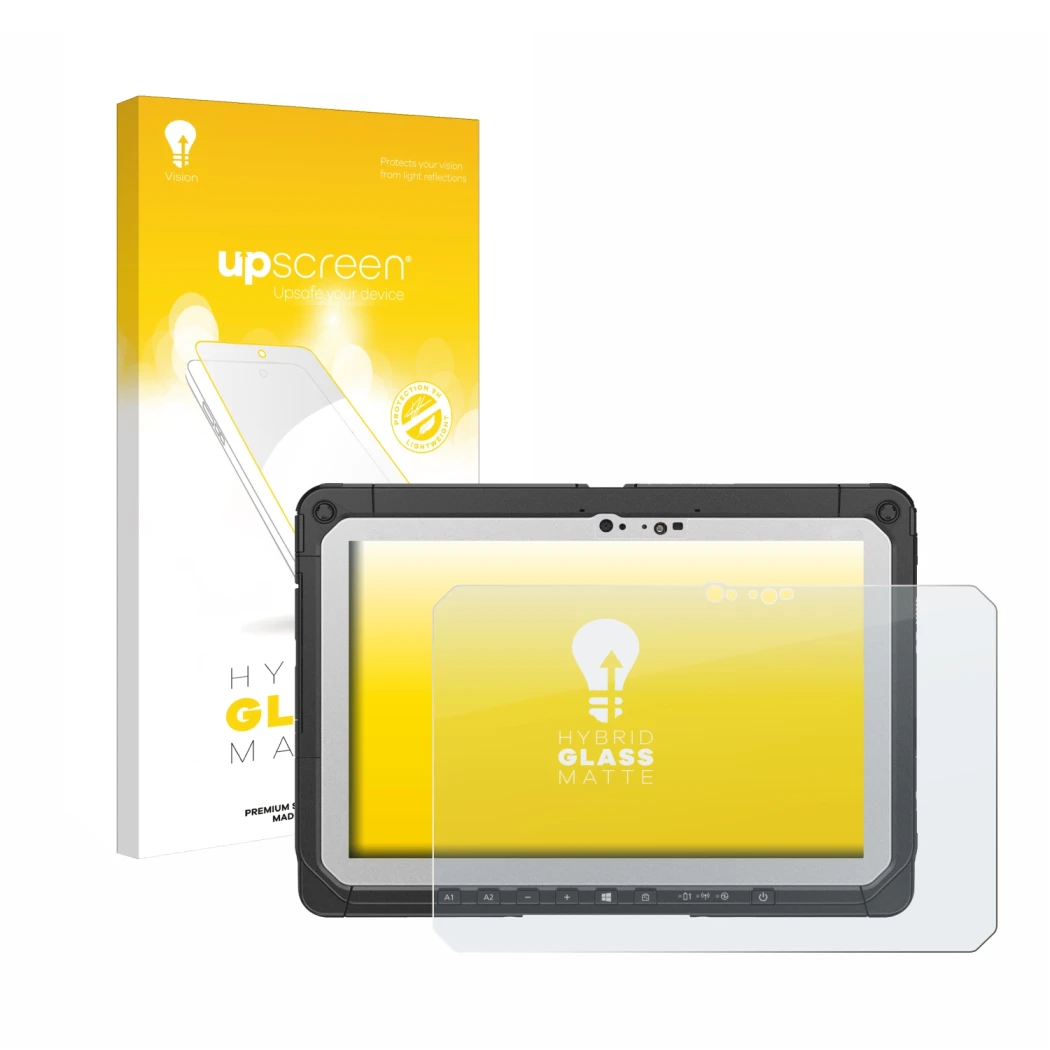 Vorderseite einer Produktverpackung mit dem Markenlogo upscreen. Daneben ist das Gerät Panasonic Toughbook CF-20 MK2 mit dem z