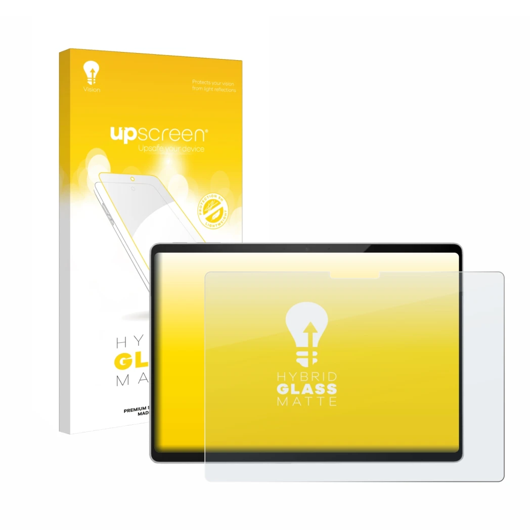 Vorderseite einer Produktverpackung mit dem Markenlogo upscreen. Daneben ist das Gerät Microsoft Surface Pro 11 mit dem zugehö