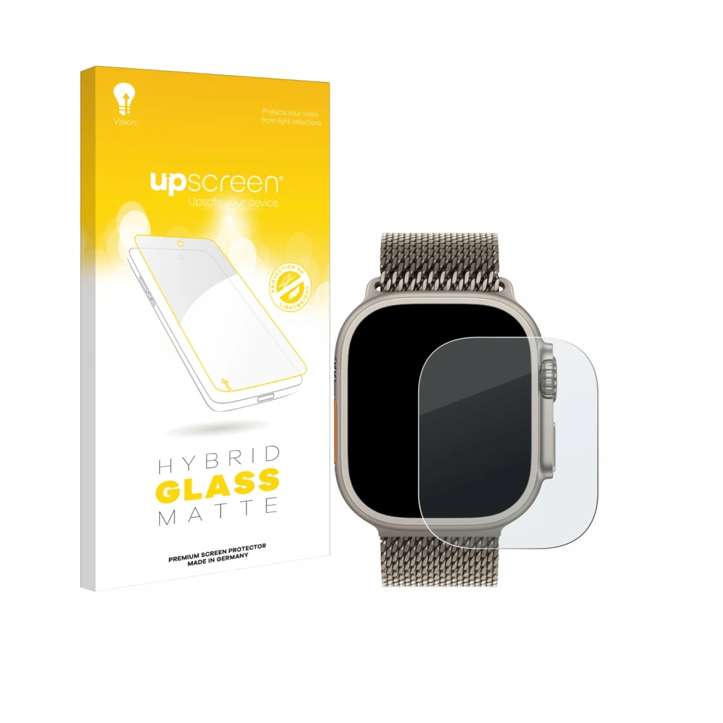 Vorderseite einer Produktverpackung mit dem Markenlogo upscreen. Daneben ist das Gerät Apple Watch Ultra 3 mit dem zugehörigen