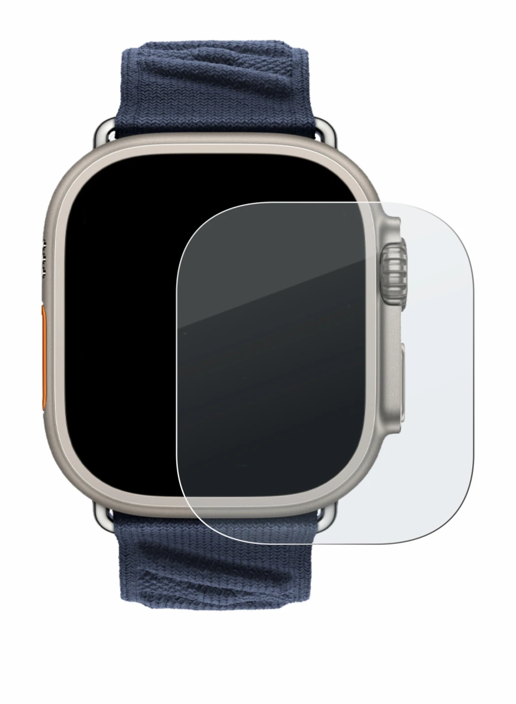 Abbildung des Geräts Apple Watch Hermès Ultra 2 mit einer Vielzahl des Displayschutzes.
