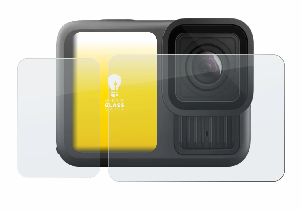 Abbildung des Geräts GoPro Hero 13 Black mit einer Vielzahl des Displayschutzes.