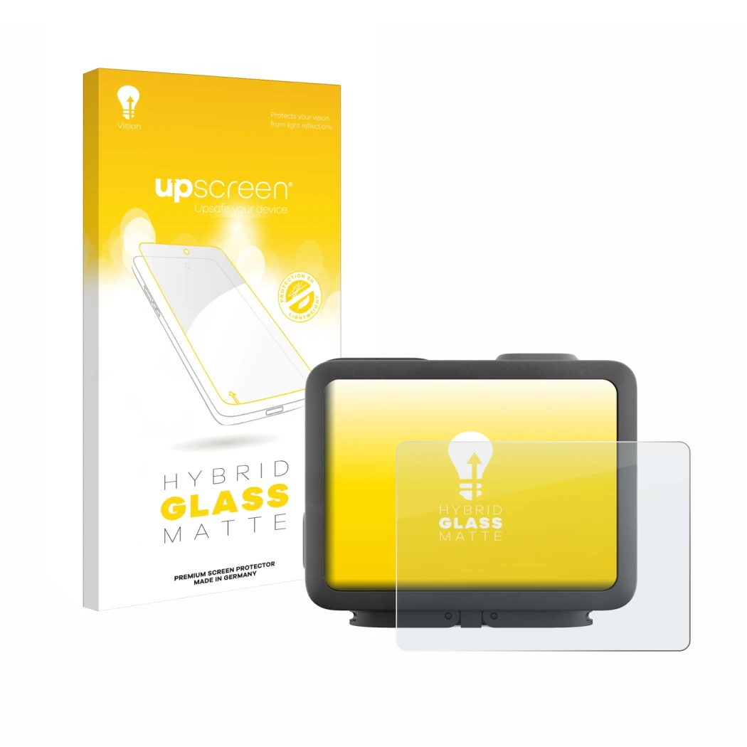 Vorderseite einer Produktverpackung mit dem Markenlogo upscreen. Daneben ist das Gerät GoPro Hero 4k mit dem zugehörigen Displ