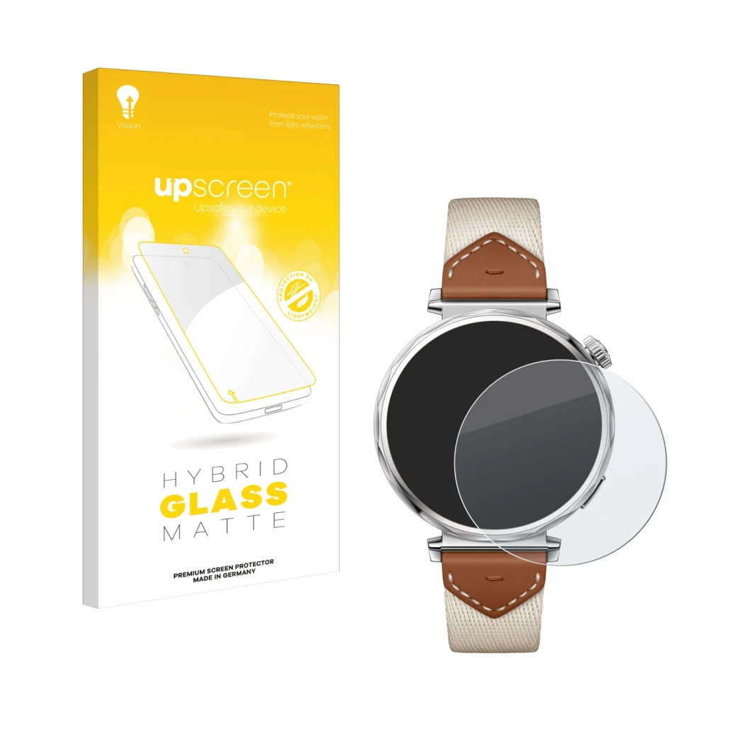 Vorderseite einer Produktverpackung mit dem Markenlogo upscreen. Daneben ist das Gerät Huawei Watch GT 5 (41 mm) mit dem zugeh