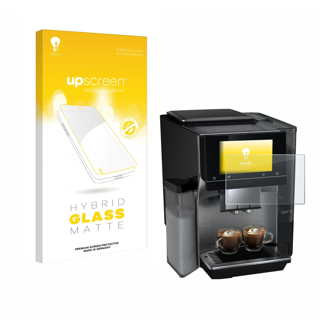 Vorderseite einer Produktverpackung mit dem Markenlogo upscreen. Daneben ist das Gerät Siemens EQ700 mit dem zugehörigen Displ