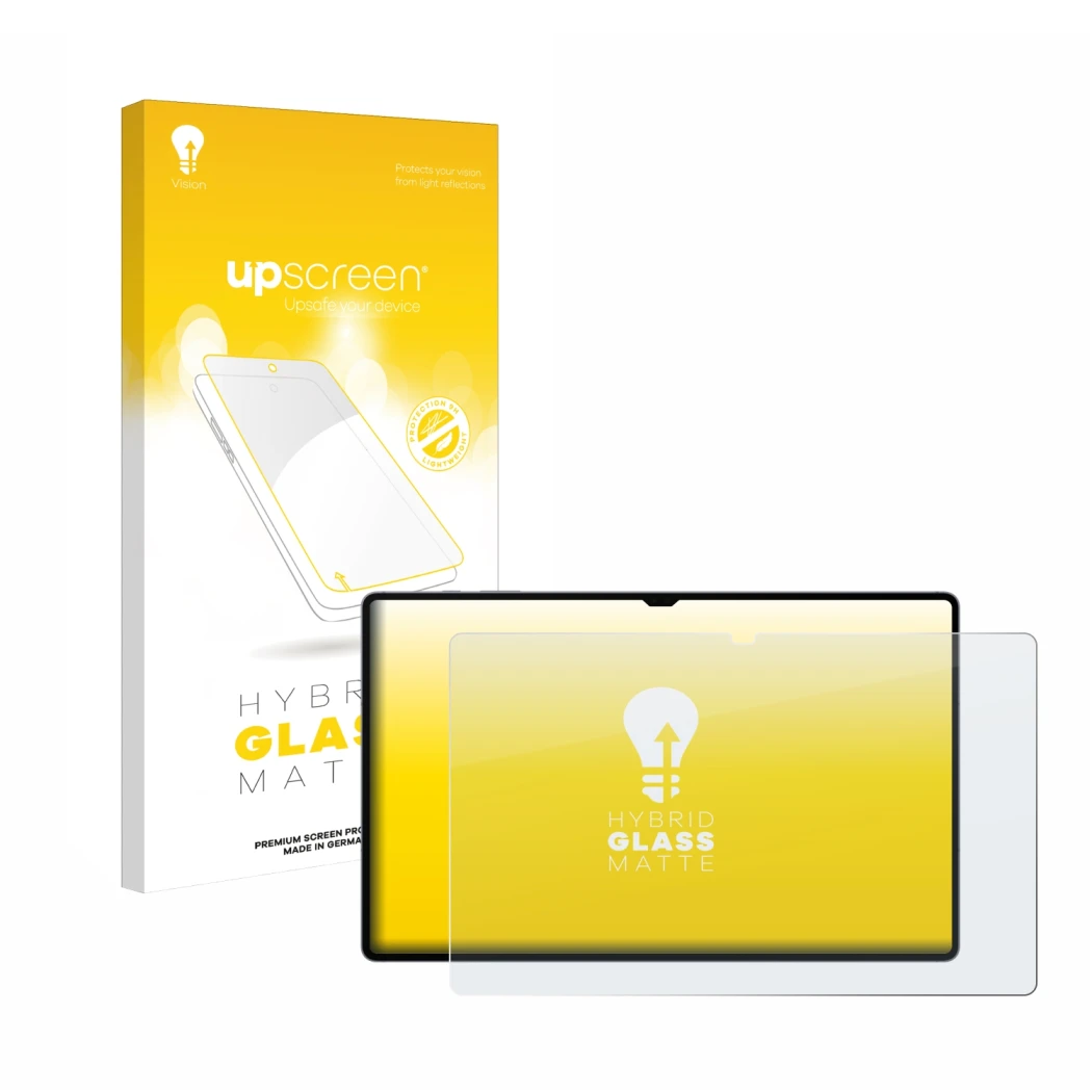 Vorderseite einer Produktverpackung mit dem Markenlogo upscreen. Daneben ist das Gerät Samsung Galaxy Tab S10 Ultra 5G mit dem