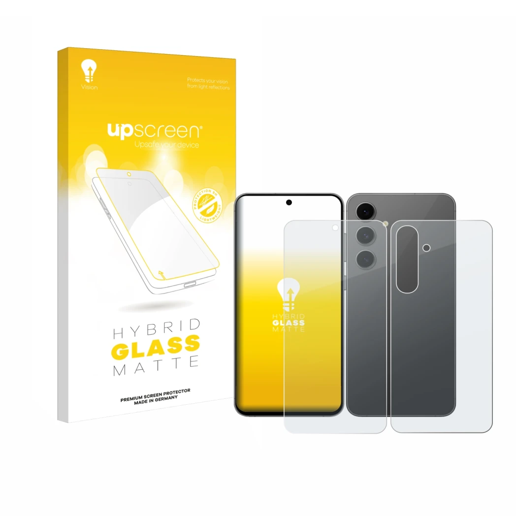 Vorderseite einer Produktverpackung mit dem Markenlogo upscreen. Daneben ist das Gerät Samsung Galaxy S24 FE (Display+Rückseit