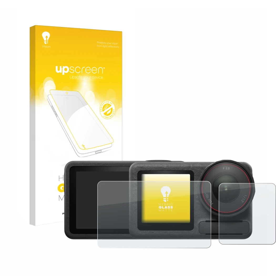 Vorderseite einer Produktverpackung mit dem Markenlogo upscreen. Daneben ist das Gerät DJI Osmo Action 5 Pro (case-friendly) m