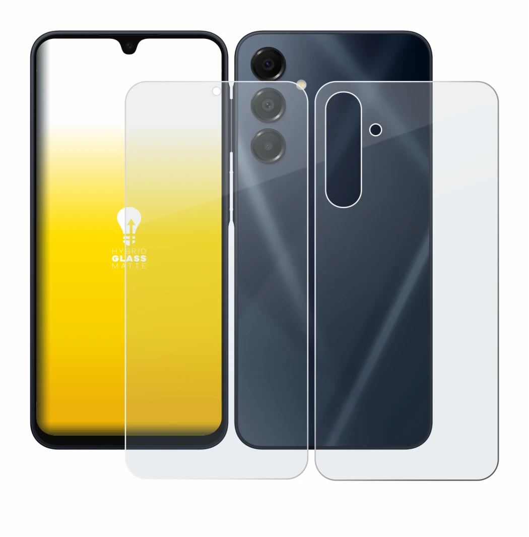 Abbildung des Geräts Samsung Galaxy A16 5G (Display+Rückseite) mit einer Vielzahl des Displayschutzes.