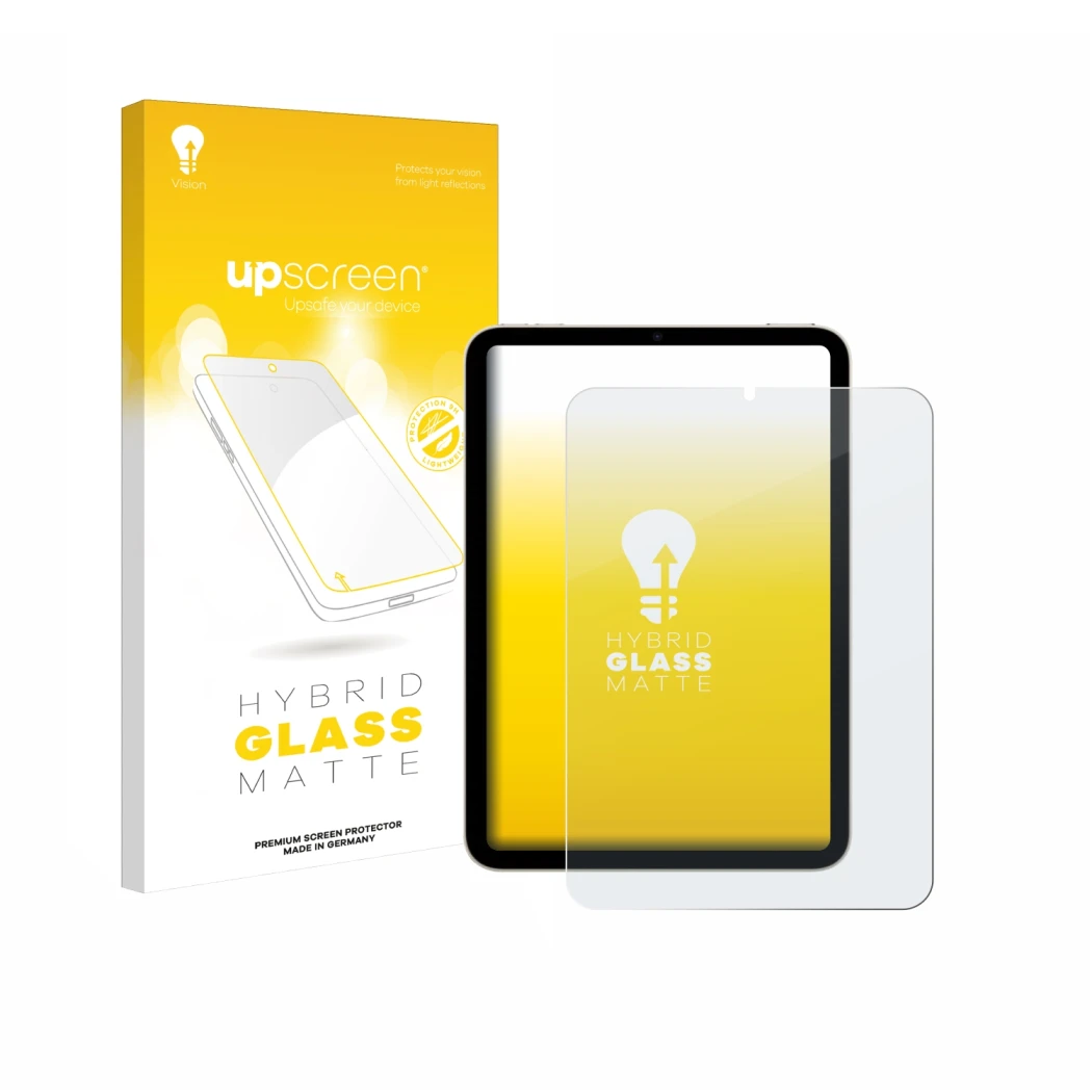 Vorderseite einer Produktverpackung mit dem Markenlogo upscreen. Daneben ist das Gerät Apple iPad Mini 7 2024 mit dem zugehöri