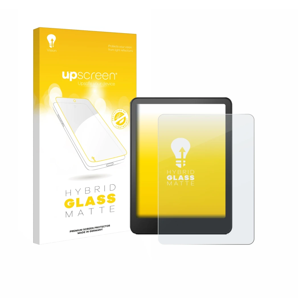 Vorderseite einer Produktverpackung mit dem Markenlogo upscreen. Daneben ist das Gerät Amazon Kindle Colorsoft Signature Editi