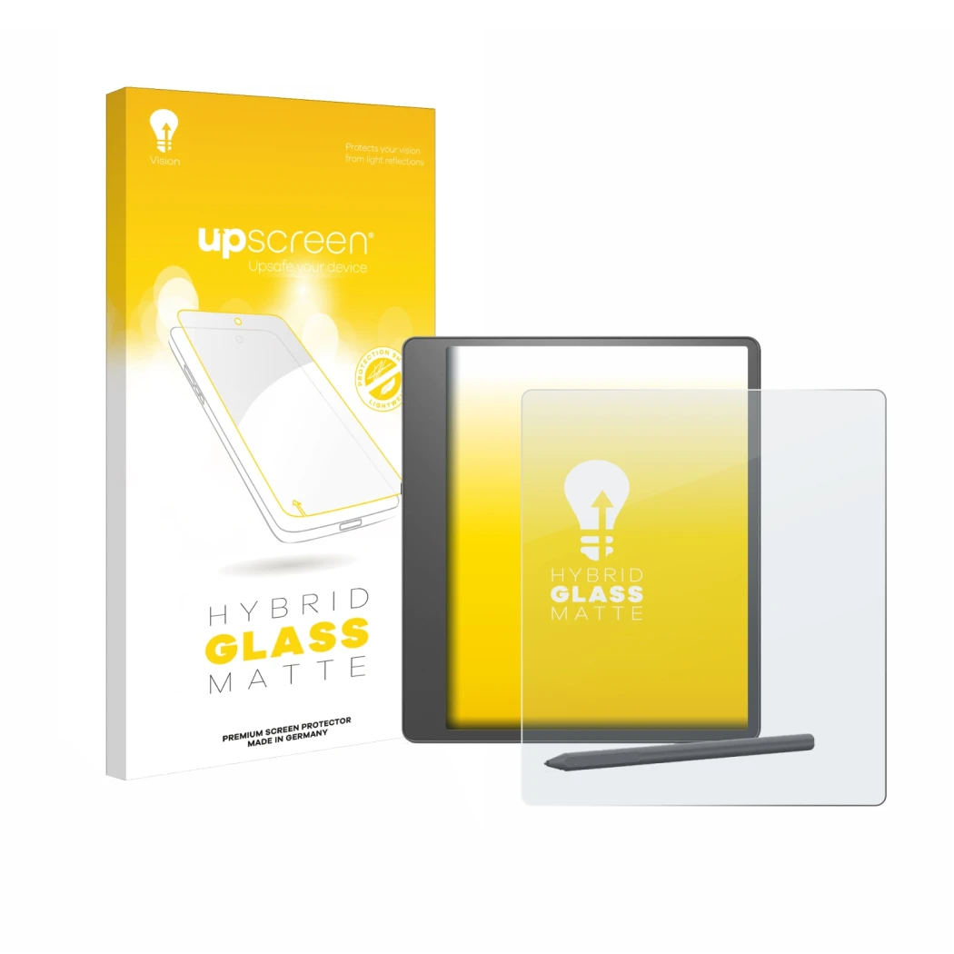 Vorderseite einer Produktverpackung mit dem Markenlogo upscreen. Daneben ist das Gerät Amazon Kindle Scribe 2024 mit dem zugeh