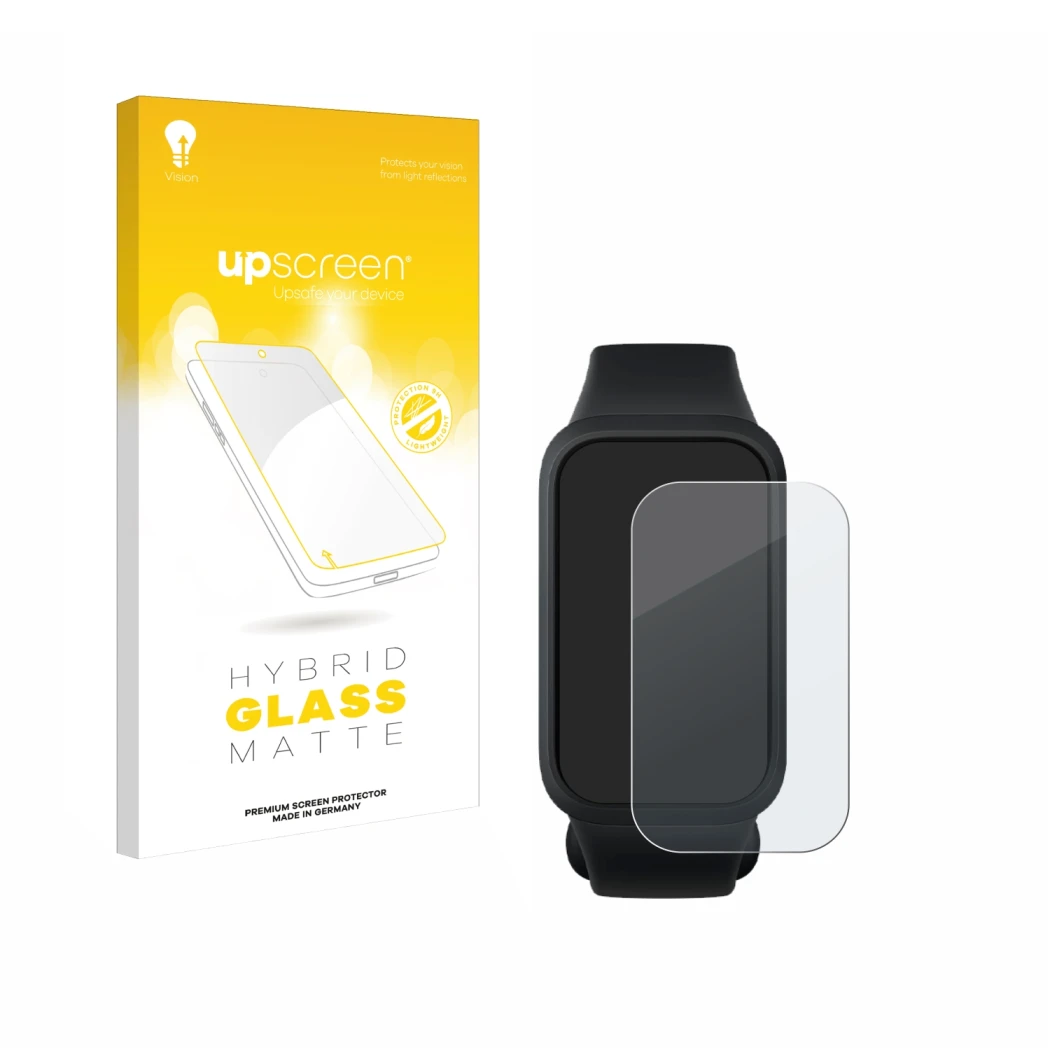 Vorderseite einer Produktverpackung mit dem Markenlogo upscreen. Daneben ist das Gerät Xiaomi Smart Band 9 Active mit dem zuge