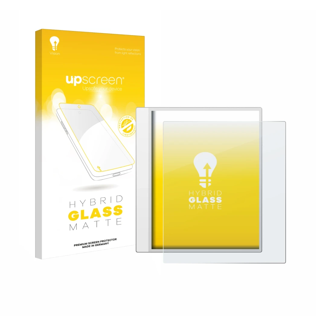 Vorderseite einer Produktverpackung mit dem Markenlogo upscreen. Daneben ist das Gerät Boox Note Max mit dem zugehörigen Displ