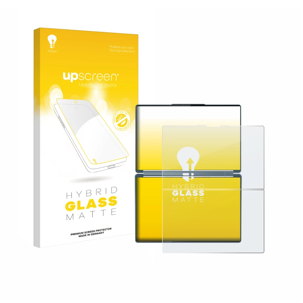 Vorderseite einer Produktverpackung mit dem Markenlogo upscreen. Daneben ist das Gerät Lenovo Yoga Book 9i Gen 10 mit dem zuge