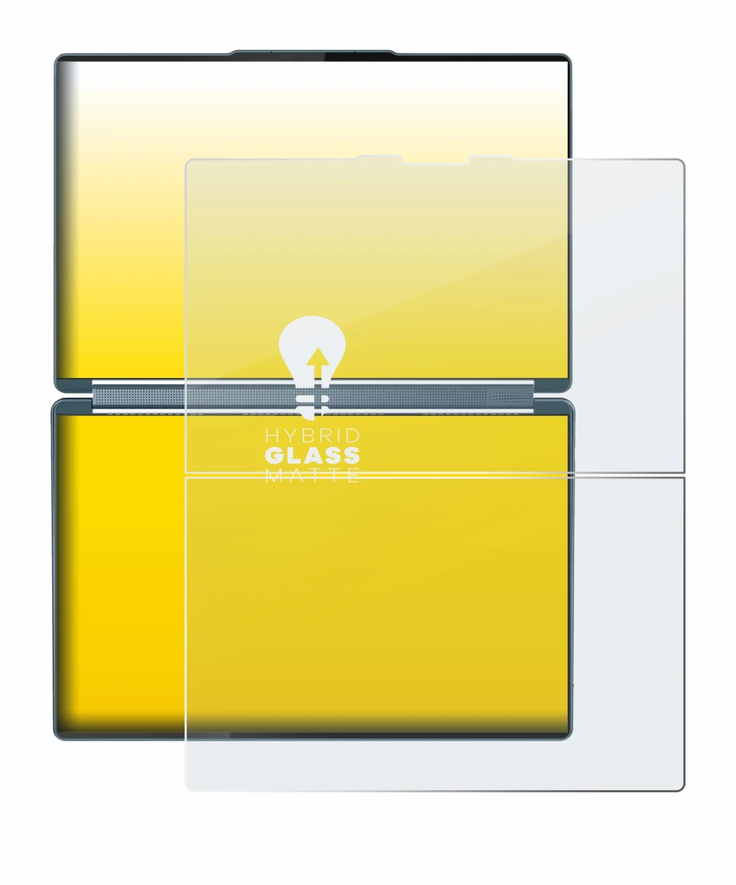 Abbildung des Geräts Lenovo Yoga Book 9i Gen 10 mit einer Vielzahl des Displayschutzes.