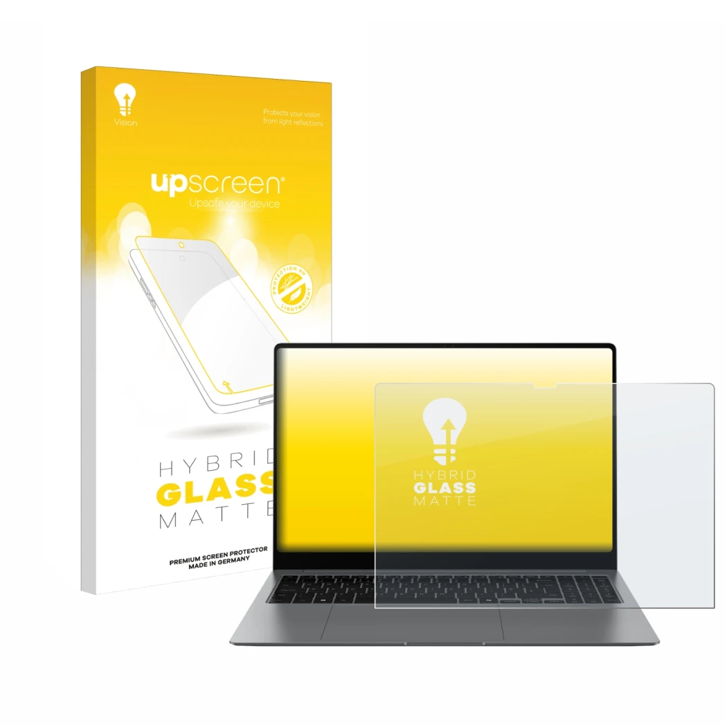 Vorderseite einer Produktverpackung mit dem Markenlogo upscreen. Daneben ist das Gerät Samsung Galaxy Book5 Pro 14