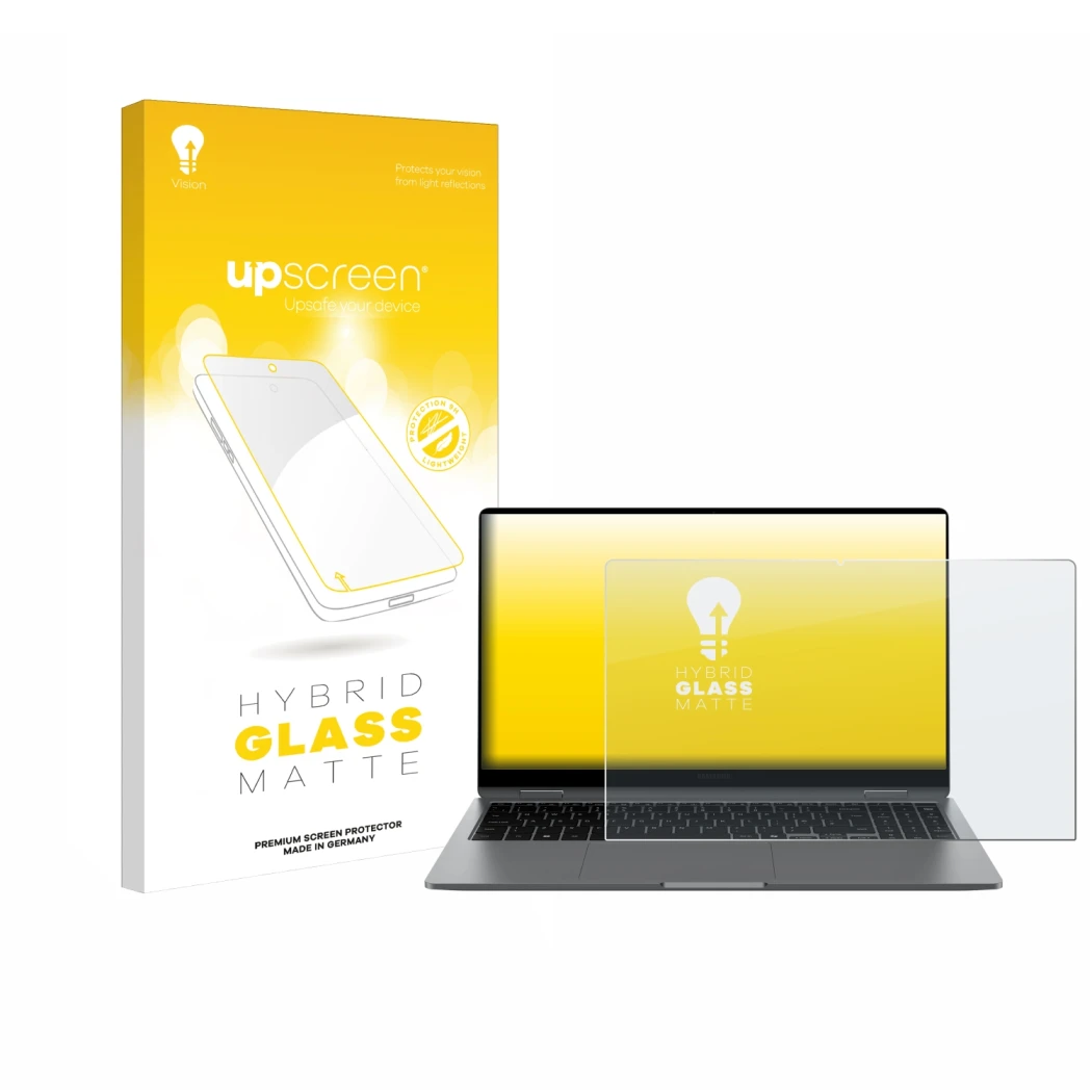 Vorderseite einer Produktverpackung mit dem Markenlogo upscreen. Daneben ist das Gerät Samsung Galaxy Book5 360 15.6