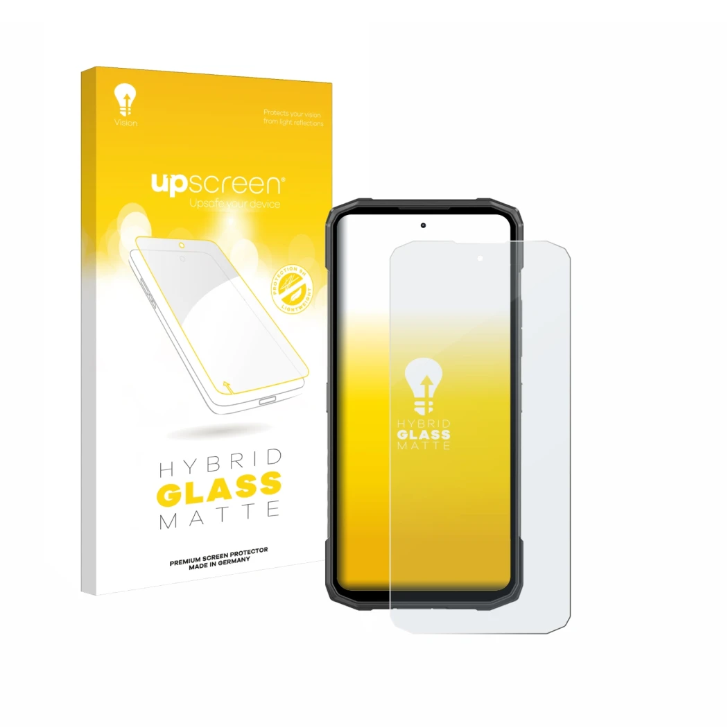 Vorderseite einer Produktverpackung mit dem Markenlogo upscreen. Daneben ist das Gerät Doogee Blade 10 Power mit dem zugehörig