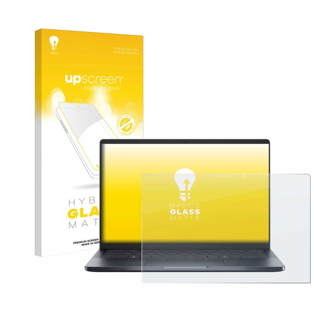 Vorderseite einer Produktverpackung mit dem Markenlogo upscreen. Daneben ist das Gerät Dell Pro 14 Premium PA14250 Touch mit d