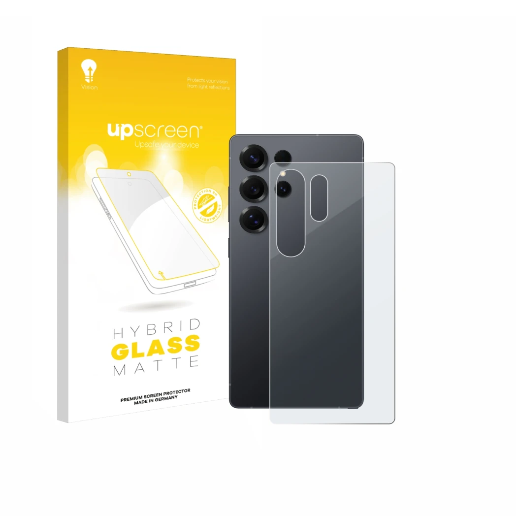 Vorderseite einer Produktverpackung mit dem Markenlogo upscreen. Daneben ist das Gerät Samsung Galaxy S25 Ultra (Rückseite) mi