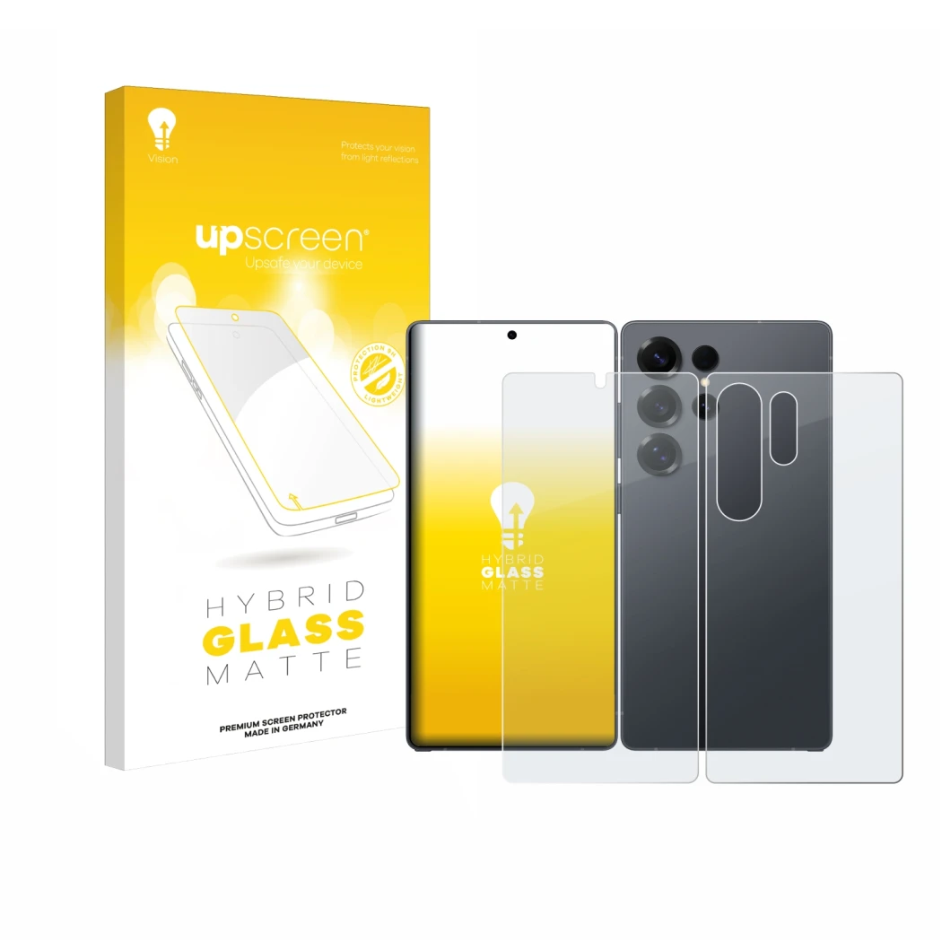 Vorderseite einer Produktverpackung mit dem Markenlogo upscreen. Daneben ist das Gerät Samsung Galaxy S25 Ultra (Display+Rücks