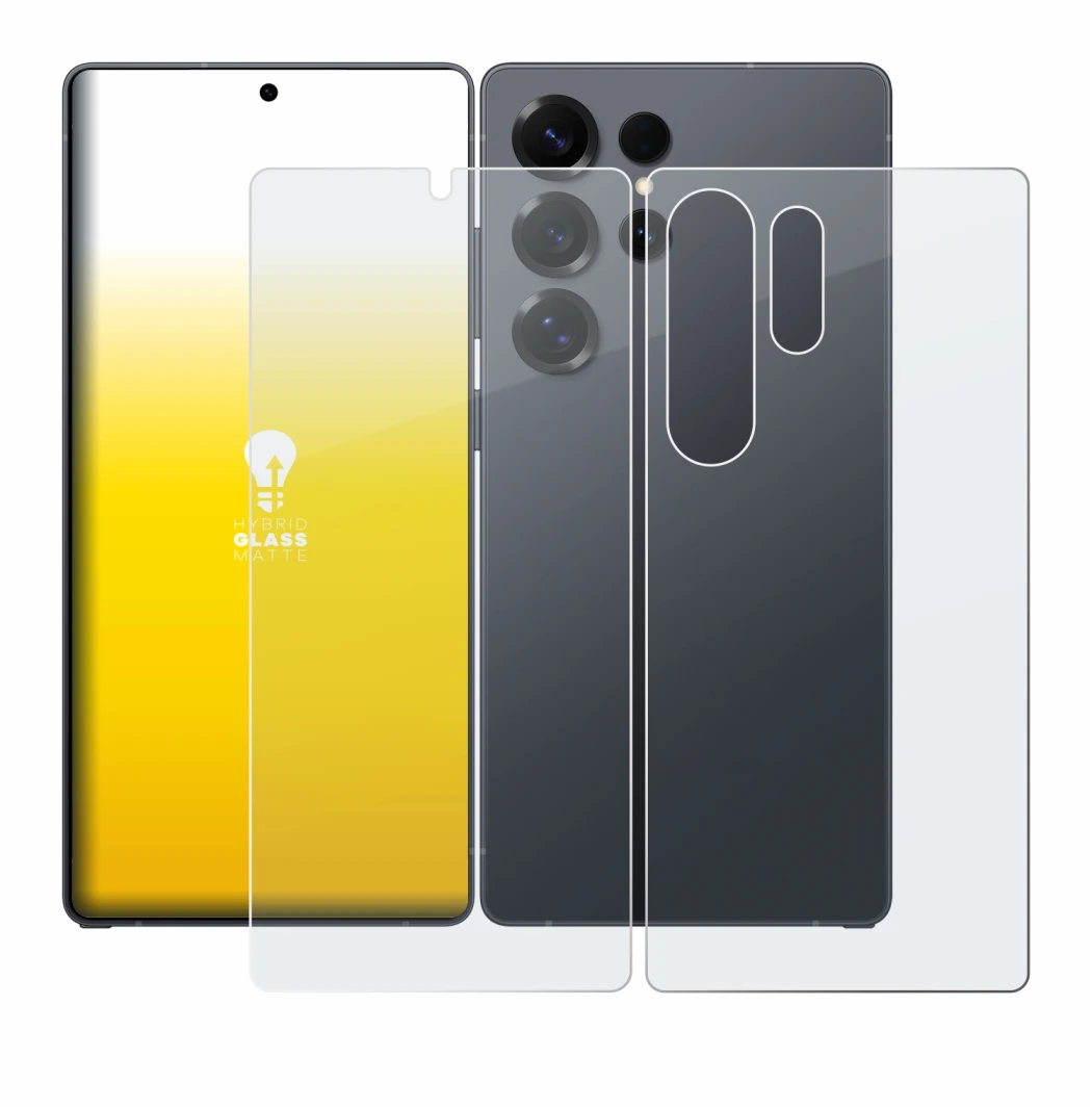 Abbildung des Geräts Samsung Galaxy S25 Ultra (Display+Rückseite) mit einer Vielzahl des Displayschutzes.