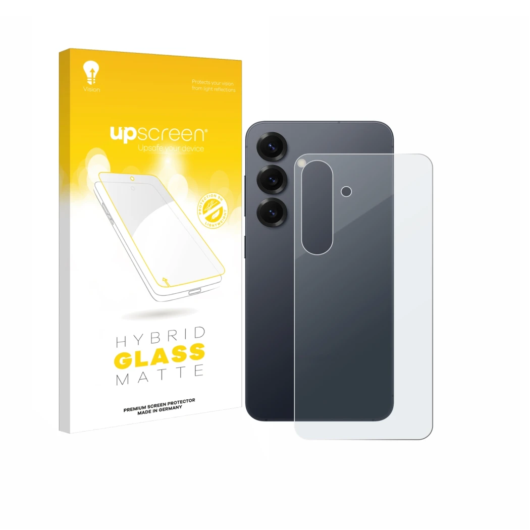 Vorderseite einer Produktverpackung mit dem Markenlogo upscreen. Daneben ist das Gerät Samsung Galaxy S25 (Rückseite) mit dem 