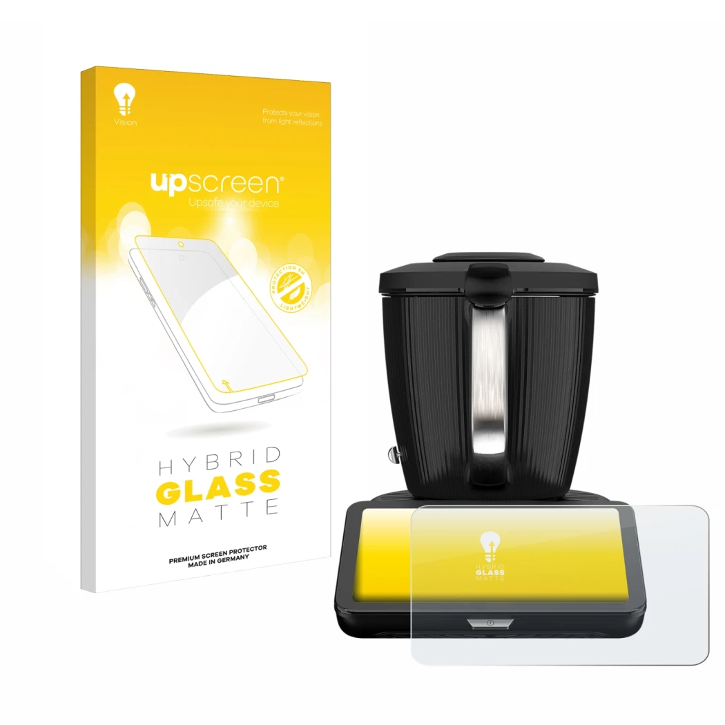 Vorderseite einer Produktverpackung mit dem Markenlogo upscreen. Daneben ist das Gerät Vorwerk Thermomix TM7 mit dem zugehörig