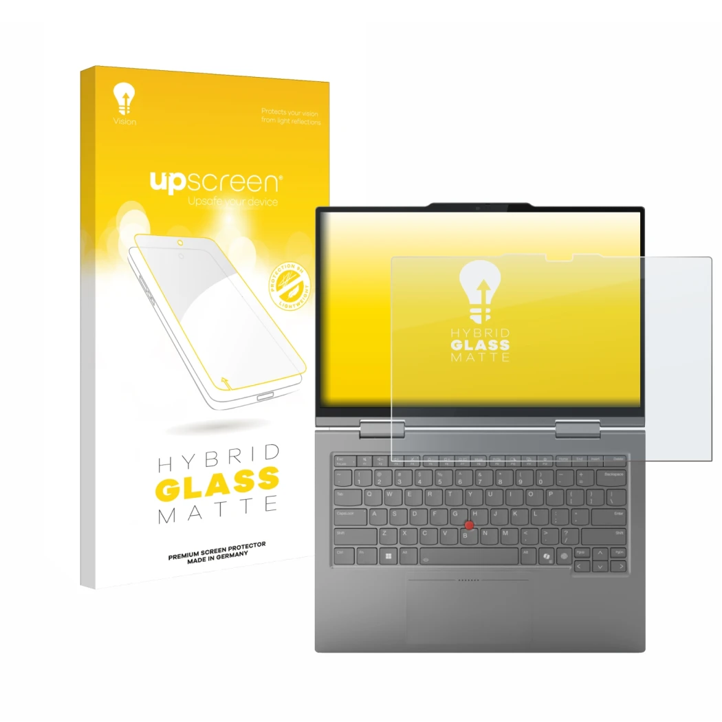 Vorderseite einer Produktverpackung mit dem Markenlogo upscreen. Daneben ist das Gerät Lenovo ThinkPad X1 2-in-1 Gen 10 14