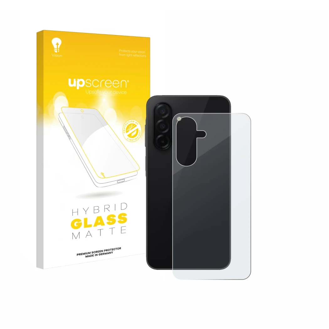 Vorderseite einer Produktverpackung mit dem Markenlogo upscreen. Daneben ist das Gerät Samsung Galaxy A26 5G (Rückseite) mit d