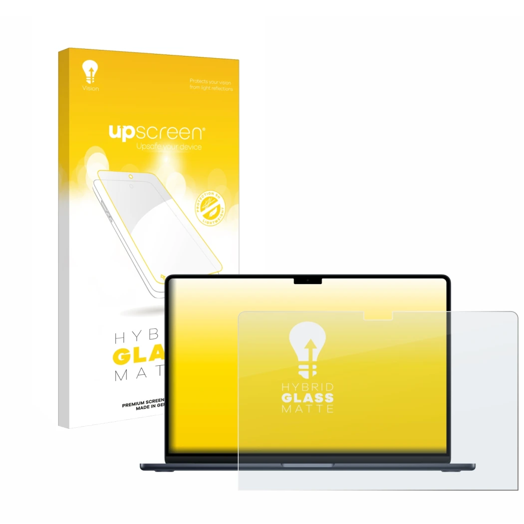 Vorderseite einer Produktverpackung mit dem Markenlogo upscreen. Daneben ist das Gerät Apple MacBook Air 15