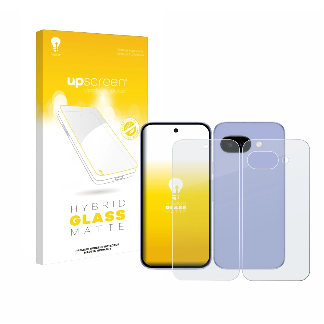 Vorderseite einer Produktverpackung mit dem Markenlogo upscreen. Daneben ist das Gerät Google Pixel 9a (Display+Rückseite) mit