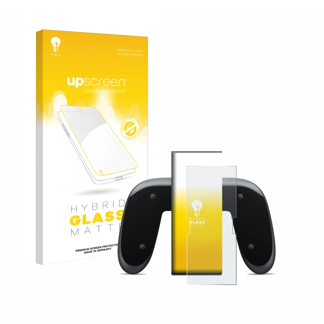 Vorderseite einer Produktverpackung mit dem Markenlogo upscreen. Daneben ist das Gerät Nintendo Switch 2 Joy-Con 2-Holder mit 