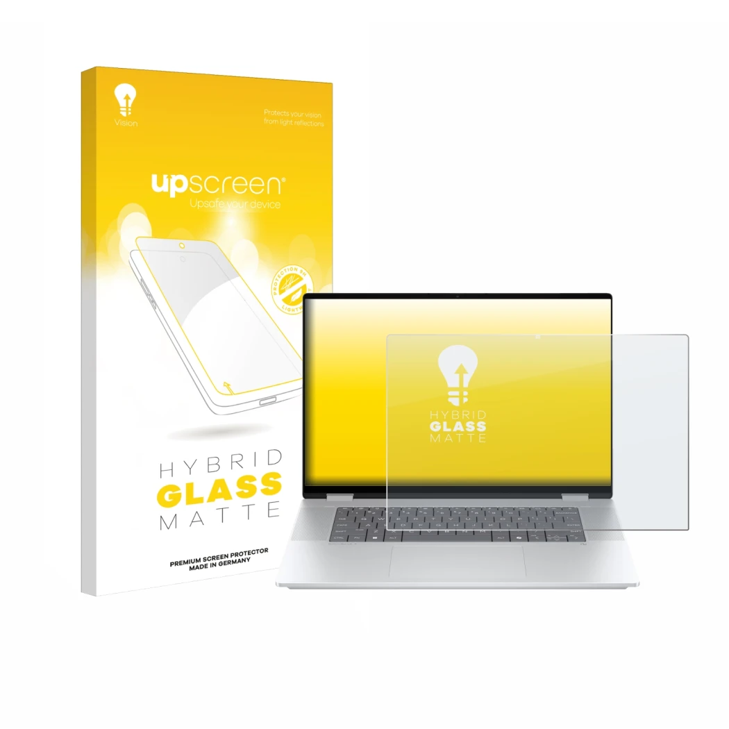 Vorderseite einer Produktverpackung mit dem Markenlogo upscreen. Daneben ist das Gerät HP OmniBook X Flip 16-aX mit dem zugehö