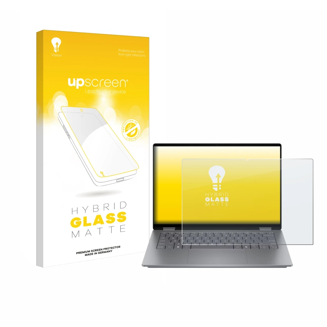 Vorderseite einer Produktverpackung mit dem Markenlogo upscreen. Daneben ist das Gerät HP OmniBook X Flip 14 mit dem zugehörig